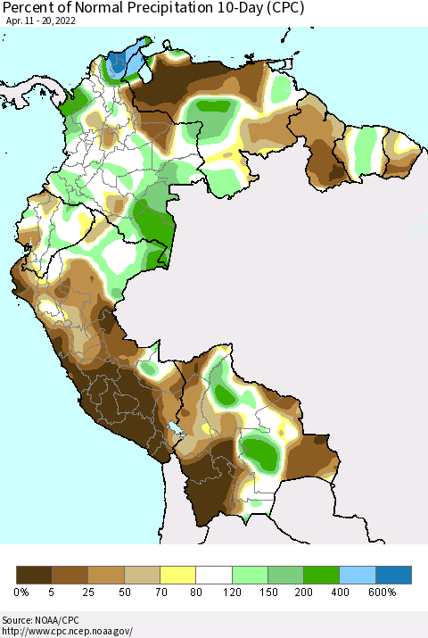 Northern South America Percent of Normal Precipitation 10-Day (CPC) Thematic Map For 4/11/2022 - 4/20/2022