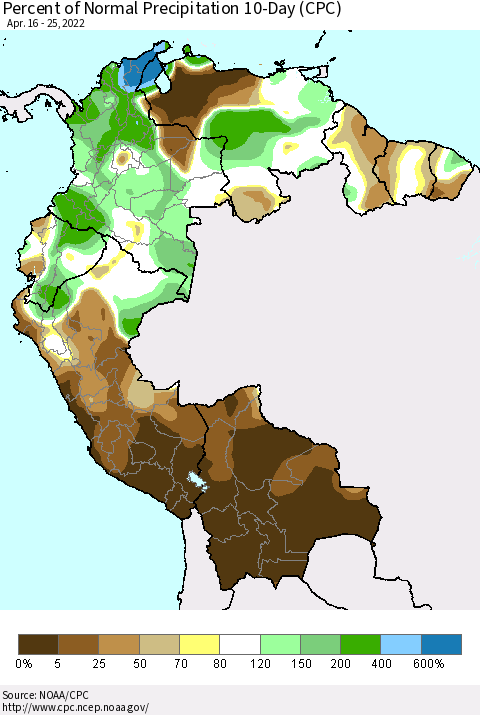 Northern South America Percent of Normal Precipitation 10-Day (CPC) Thematic Map For 4/16/2022 - 4/25/2022