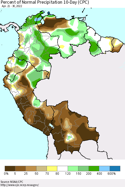 Northern South America Percent of Normal Precipitation 10-Day (CPC) Thematic Map For 4/21/2022 - 4/30/2022