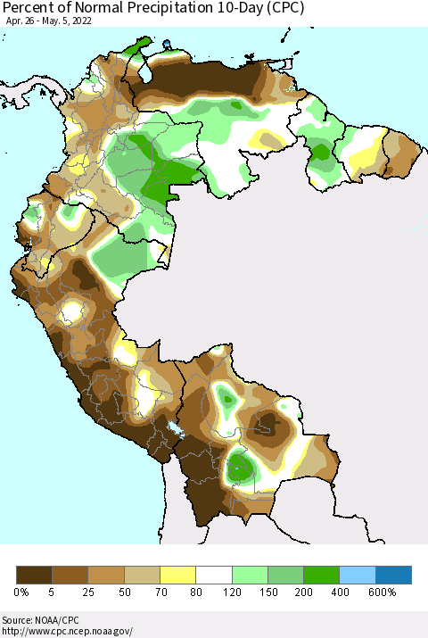 Northern South America Percent of Normal Precipitation 10-Day (CPC) Thematic Map For 4/26/2022 - 5/5/2022