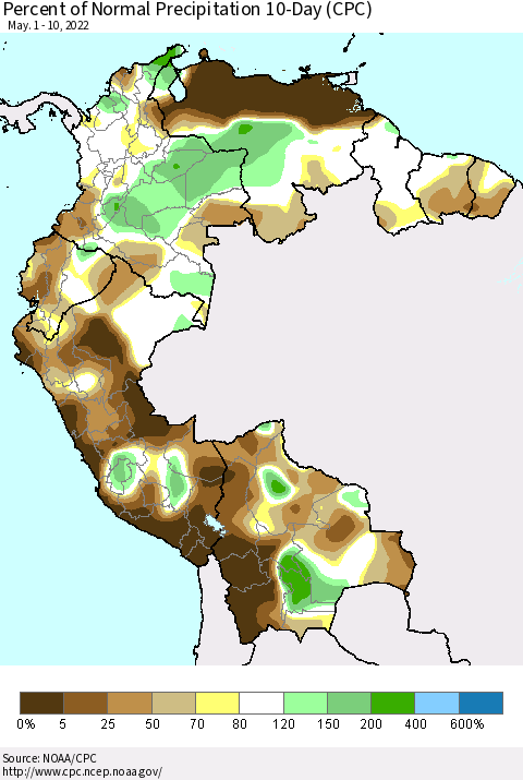 Northern South America Percent of Normal Precipitation 10-Day (CPC) Thematic Map For 5/1/2022 - 5/10/2022