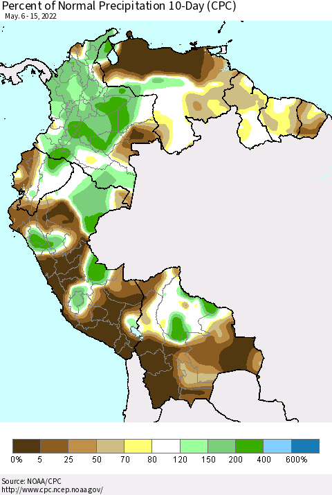 Northern South America Percent of Normal Precipitation 10-Day (CPC) Thematic Map For 5/6/2022 - 5/15/2022