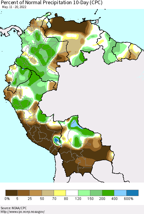 Northern South America Percent of Normal Precipitation 10-Day (CPC) Thematic Map For 5/11/2022 - 5/20/2022