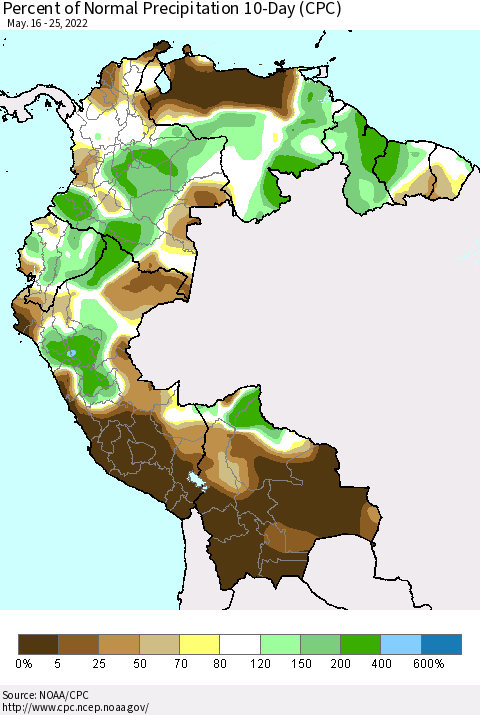 Northern South America Percent of Normal Precipitation 10-Day (CPC) Thematic Map For 5/16/2022 - 5/25/2022