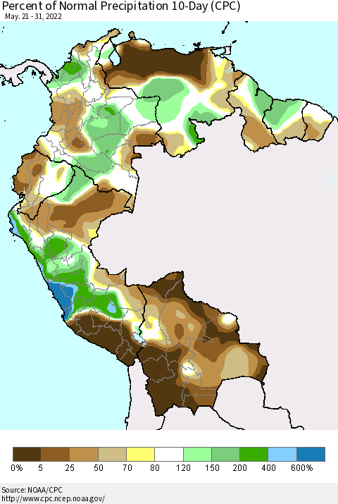 Northern South America Percent of Normal Precipitation 10-Day (CPC) Thematic Map For 5/21/2022 - 5/31/2022