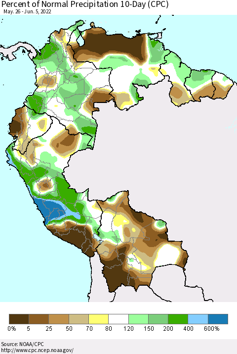 Northern South America Percent of Normal Precipitation 10-Day (CPC) Thematic Map For 5/26/2022 - 6/5/2022