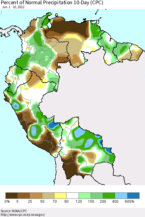 Northern South America Percent of Normal Precipitation 10-Day (CPC) Thematic Map For 6/1/2022 - 6/10/2022