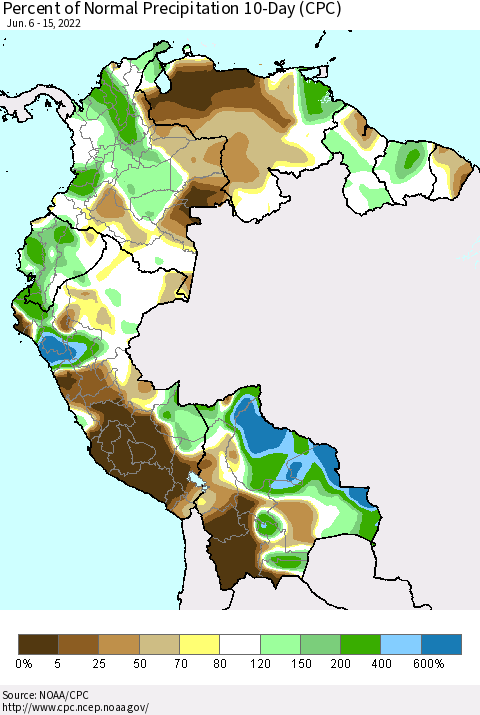 Northern South America Percent of Normal Precipitation 10-Day (CPC) Thematic Map For 6/6/2022 - 6/15/2022
