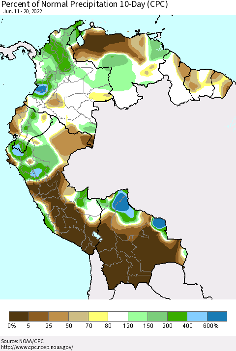 Northern South America Percent of Normal Precipitation 10-Day (CPC) Thematic Map For 6/11/2022 - 6/20/2022