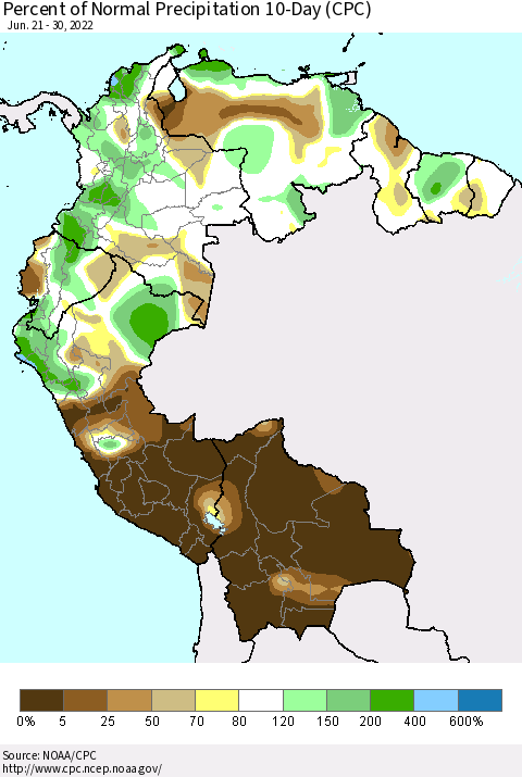 Northern South America Percent of Normal Precipitation 10-Day (CPC) Thematic Map For 6/21/2022 - 6/30/2022