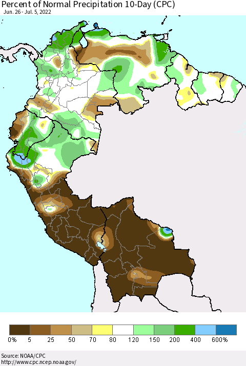 Northern South America Percent of Normal Precipitation 10-Day (CPC) Thematic Map For 6/26/2022 - 7/5/2022