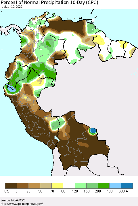 Northern South America Percent of Normal Precipitation 10-Day (CPC) Thematic Map For 7/1/2022 - 7/10/2022