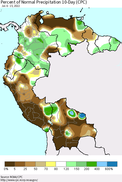 Northern South America Percent of Normal Precipitation 10-Day (CPC) Thematic Map For 7/6/2022 - 7/15/2022