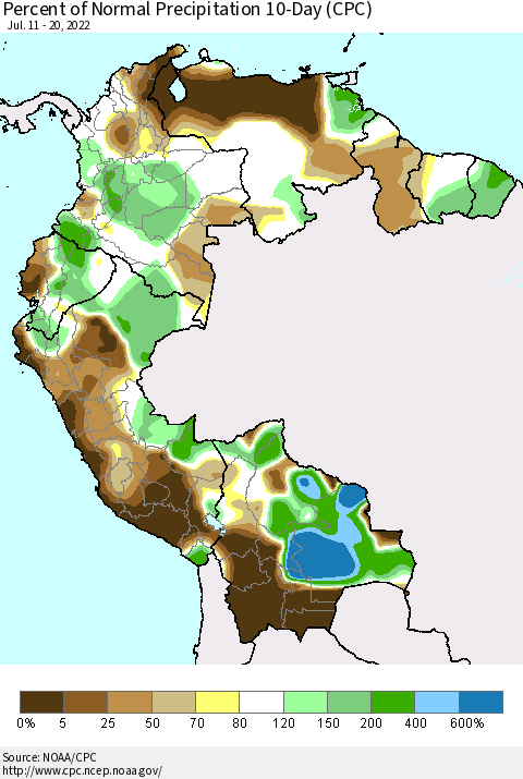 Northern South America Percent of Normal Precipitation 10-Day (CPC) Thematic Map For 7/11/2022 - 7/20/2022