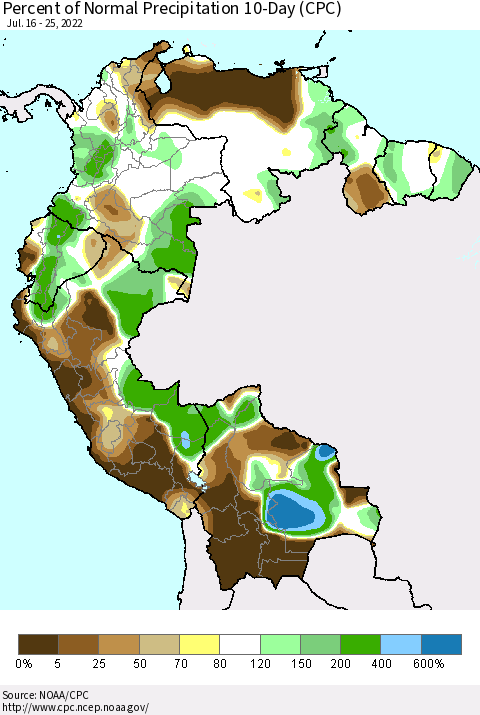 Northern South America Percent of Normal Precipitation 10-Day (CPC) Thematic Map For 7/16/2022 - 7/25/2022