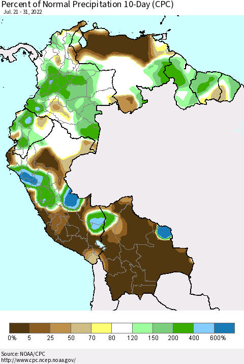 Northern South America Percent of Normal Precipitation 10-Day (CPC) Thematic Map For 7/21/2022 - 7/31/2022