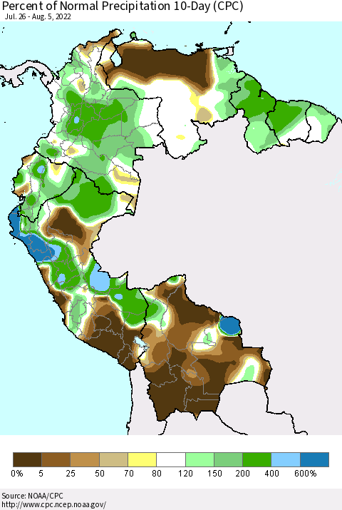 Northern South America Percent of Normal Precipitation 10-Day (CPC) Thematic Map For 7/26/2022 - 8/5/2022