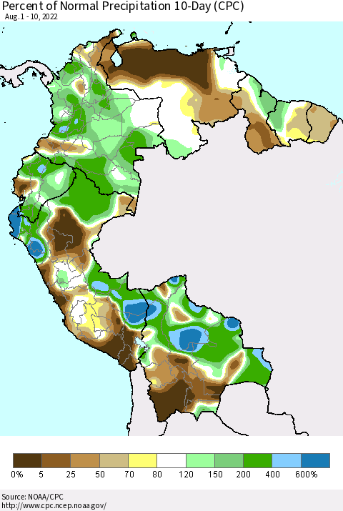 Northern South America Percent of Normal Precipitation 10-Day (CPC) Thematic Map For 8/1/2022 - 8/10/2022