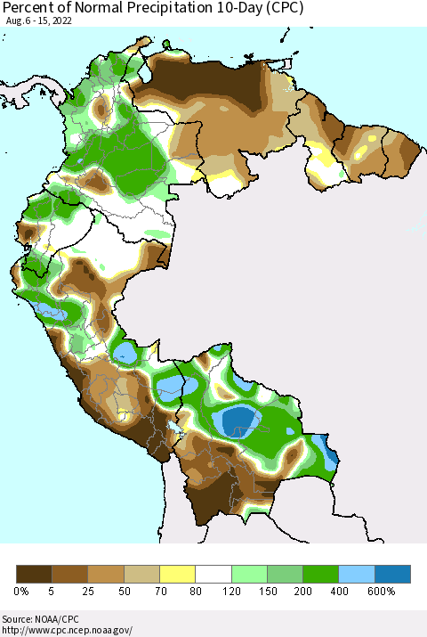 Northern South America Percent of Normal Precipitation 10-Day (CPC) Thematic Map For 8/6/2022 - 8/15/2022