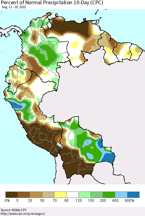 Northern South America Percent of Normal Precipitation 10-Day (CPC) Thematic Map For 8/11/2022 - 8/20/2022