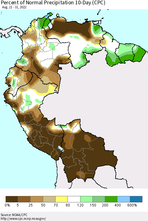 Northern South America Percent of Normal Precipitation 10-Day (CPC) Thematic Map For 8/21/2022 - 8/31/2022