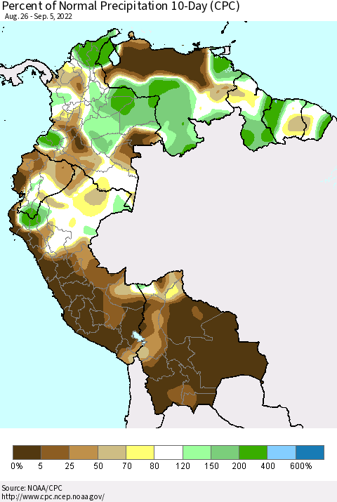 Northern South America Percent of Normal Precipitation 10-Day (CPC) Thematic Map For 8/26/2022 - 9/5/2022