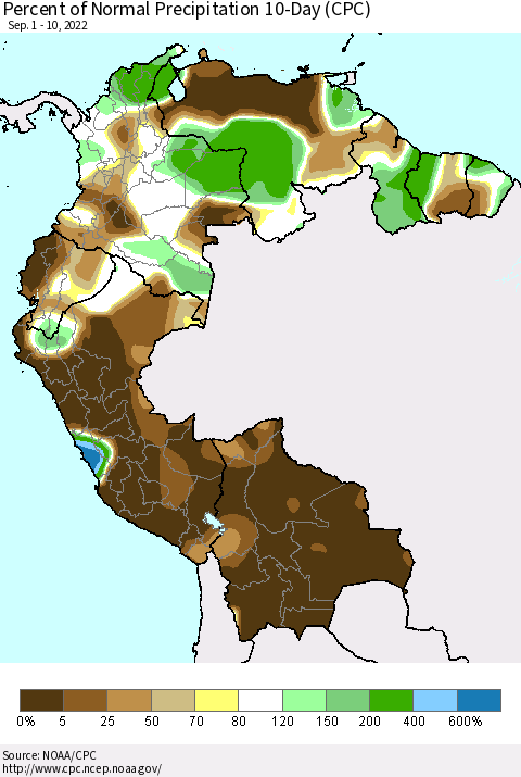 Northern South America Percent of Normal Precipitation 10-Day (CPC) Thematic Map For 9/1/2022 - 9/10/2022