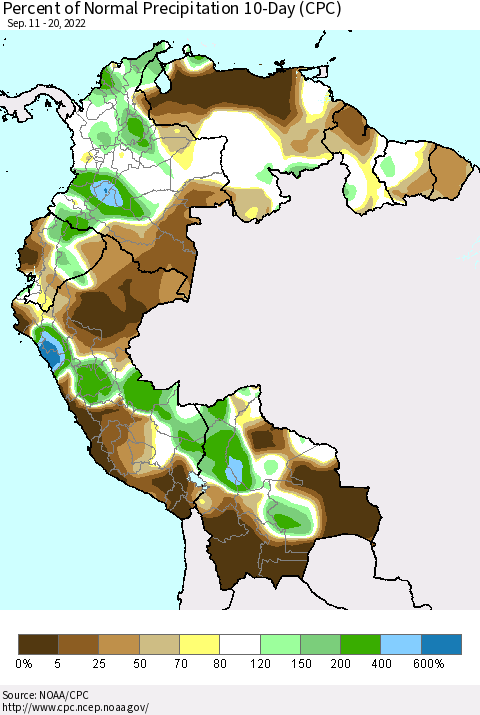Northern South America Percent of Normal Precipitation 10-Day (CPC) Thematic Map For 9/11/2022 - 9/20/2022