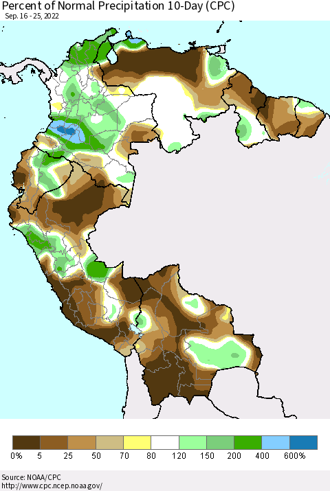 Northern South America Percent of Normal Precipitation 10-Day (CPC) Thematic Map For 9/16/2022 - 9/25/2022