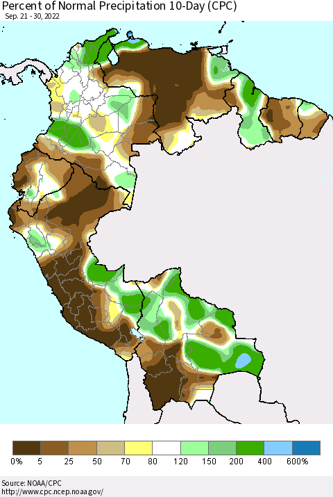 Northern South America Percent of Normal Precipitation 10-Day (CPC) Thematic Map For 9/21/2022 - 9/30/2022