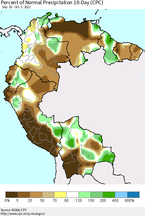 Northern South America Percent of Normal Precipitation 10-Day (CPC) Thematic Map For 9/26/2022 - 10/5/2022
