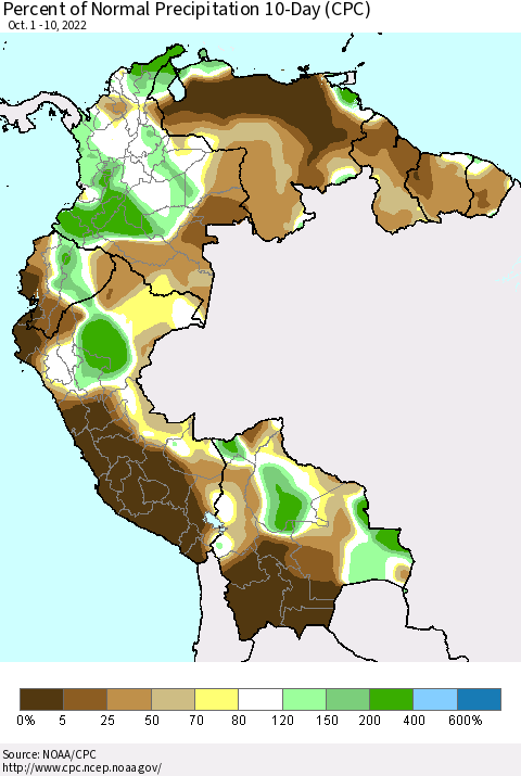 Northern South America Percent of Normal Precipitation 10-Day (CPC) Thematic Map For 10/1/2022 - 10/10/2022