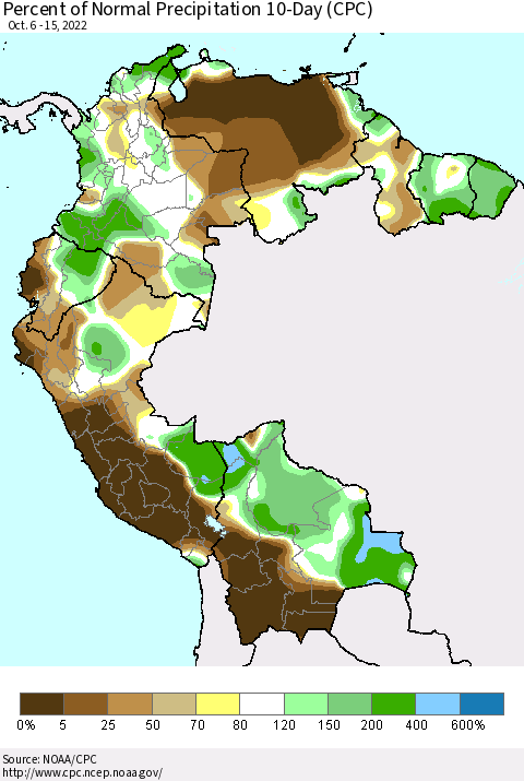 Northern South America Percent of Normal Precipitation 10-Day (CPC) Thematic Map For 10/6/2022 - 10/15/2022