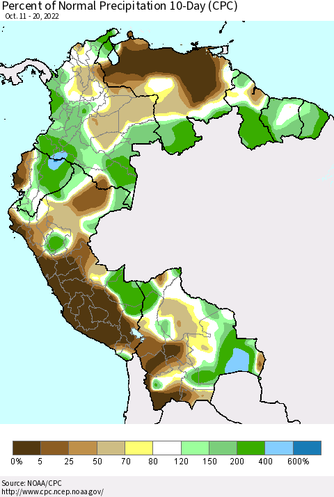 Northern South America Percent of Normal Precipitation 10-Day (CPC) Thematic Map For 10/11/2022 - 10/20/2022