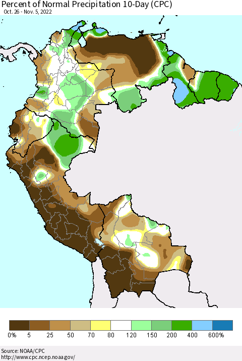 Northern South America Percent of Normal Precipitation 10-Day (CPC) Thematic Map For 10/26/2022 - 11/5/2022