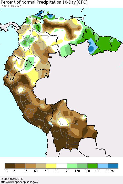 Northern South America Percent of Normal Precipitation 10-Day (CPC) Thematic Map For 11/1/2022 - 11/10/2022