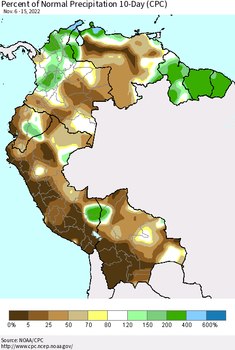 Northern South America Percent of Normal Precipitation 10-Day (CPC) Thematic Map For 11/6/2022 - 11/15/2022