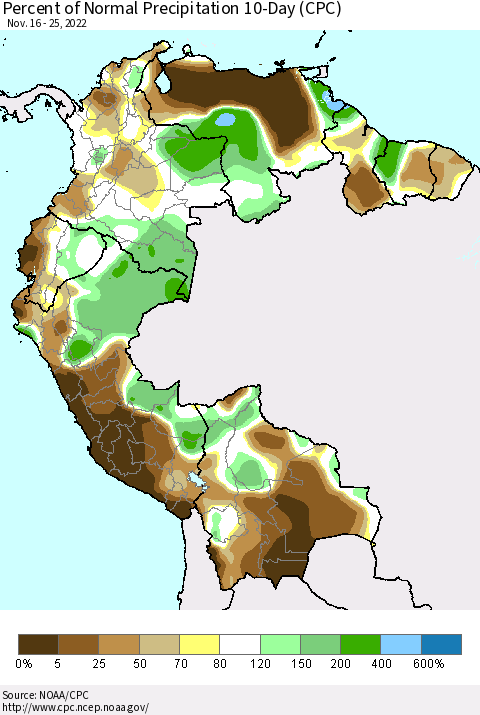 Northern South America Percent of Normal Precipitation 10-Day (CPC) Thematic Map For 11/16/2022 - 11/25/2022