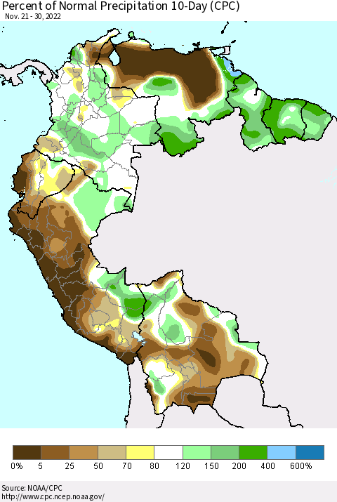 Northern South America Percent of Normal Precipitation 10-Day (CPC) Thematic Map For 11/21/2022 - 11/30/2022