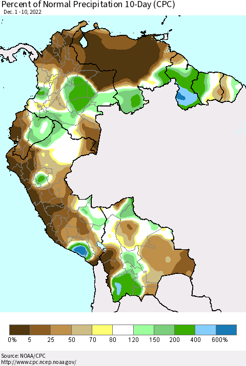 Northern South America Percent of Normal Precipitation 10-Day (CPC) Thematic Map For 12/1/2022 - 12/10/2022