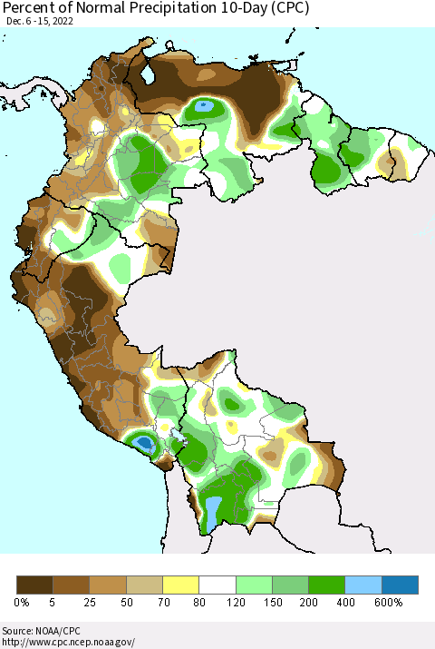 Northern South America Percent of Normal Precipitation 10-Day (CPC) Thematic Map For 12/6/2022 - 12/15/2022