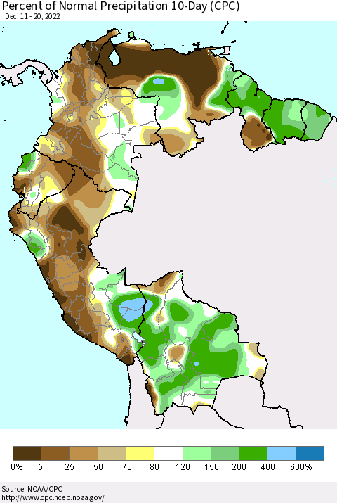 Northern South America Percent of Normal Precipitation 10-Day (CPC) Thematic Map For 12/11/2022 - 12/20/2022
