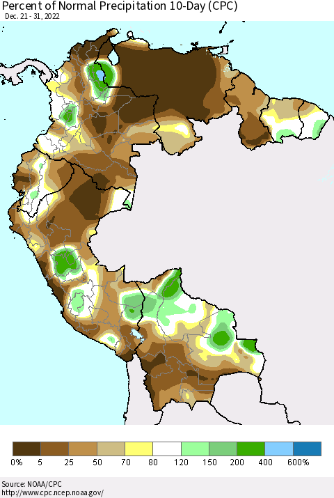 Northern South America Percent of Normal Precipitation 10-Day (CPC) Thematic Map For 12/21/2022 - 12/31/2022