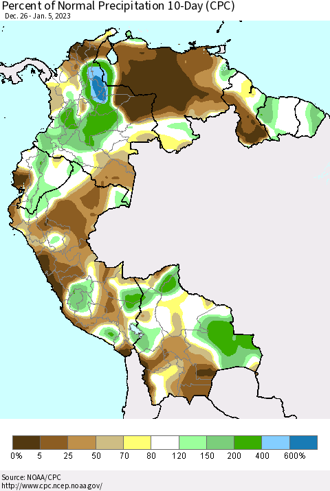 Northern South America Percent of Normal Precipitation 10-Day (CPC) Thematic Map For 12/26/2022 - 1/5/2023