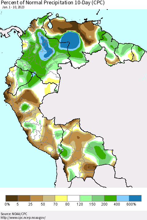 Northern South America Percent of Normal Precipitation 10-Day (CPC) Thematic Map For 1/1/2023 - 1/10/2023