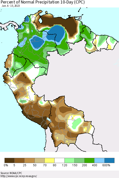 Northern South America Percent of Normal Precipitation 10-Day (CPC) Thematic Map For 1/6/2023 - 1/15/2023