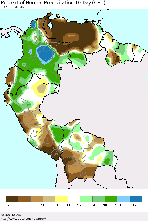Northern South America Percent of Normal Precipitation 10-Day (CPC) Thematic Map For 1/11/2023 - 1/20/2023
