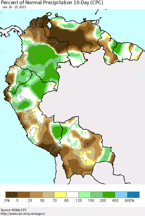 Northern South America Percent of Normal Precipitation 10-Day (CPC) Thematic Map For 1/16/2023 - 1/25/2023
