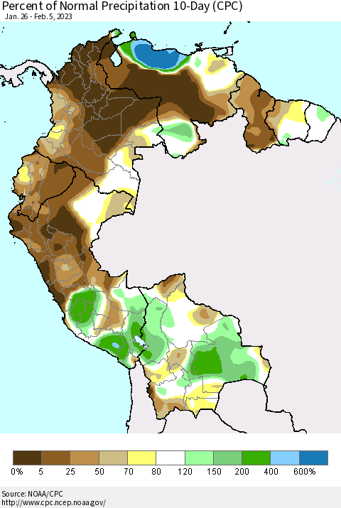 Northern South America Percent of Normal Precipitation 10-Day (CPC) Thematic Map For 1/26/2023 - 2/5/2023