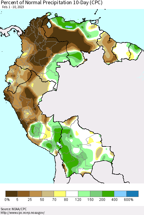 Northern South America Percent of Normal Precipitation 10-Day (CPC) Thematic Map For 2/1/2023 - 2/10/2023